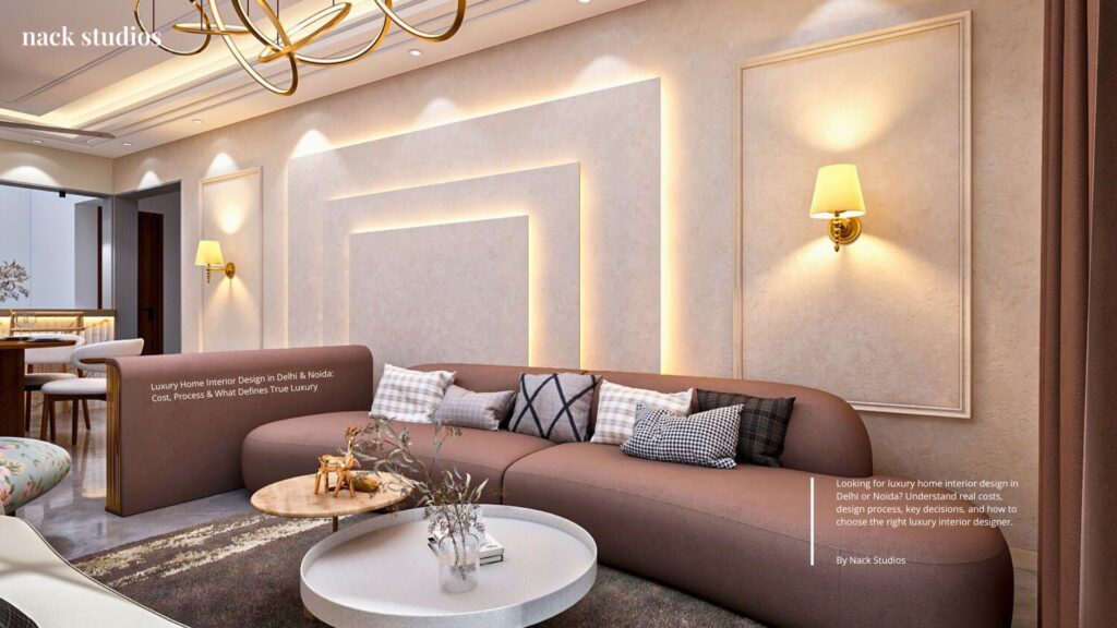 Luxury home interior design in Delhi NCR featuring a refined living space with custom finishes