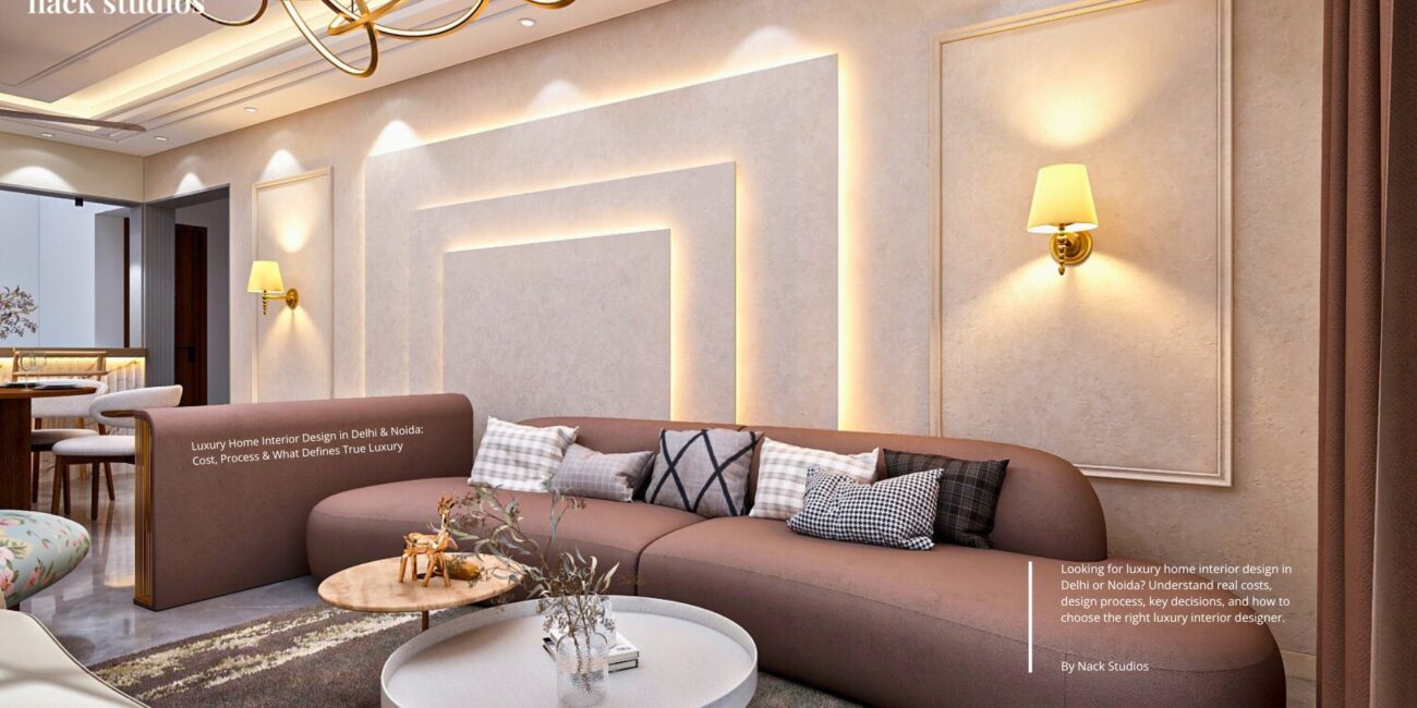 Luxury home interior design in Delhi NCR featuring a refined living space with custom finishes